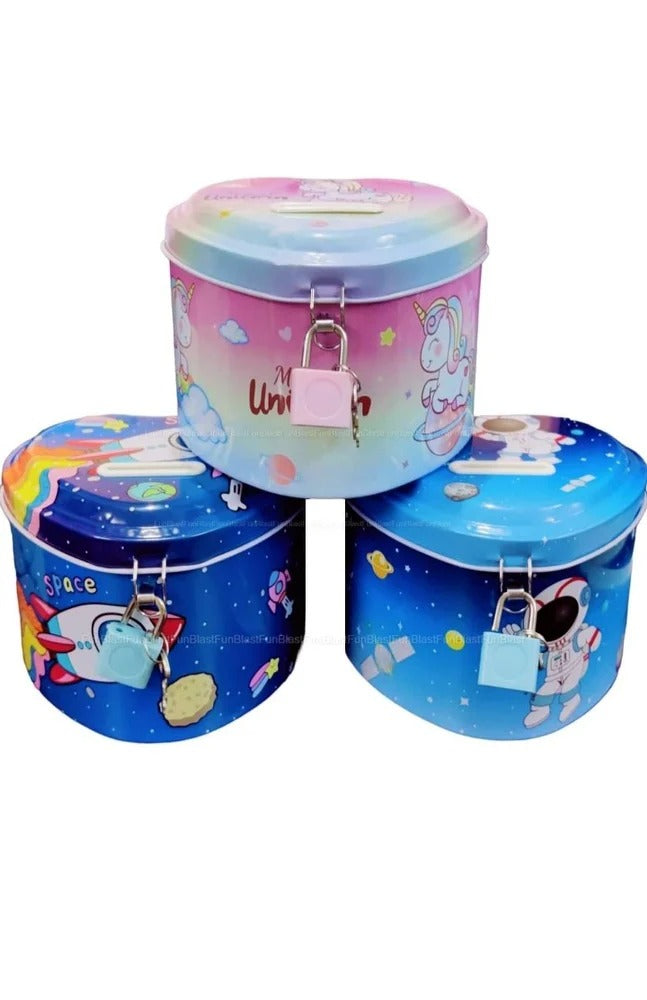 20368 Piggy Bank for Kids, Space/Unicorn Money Saving Tin Coin Bank, Birthday Return Gift for Girls and Boys