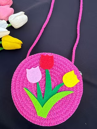 21157 Cute Crochet Sling Bag for Girls/Round Handmade Crossbody Mini Coin Purse - Color may vary