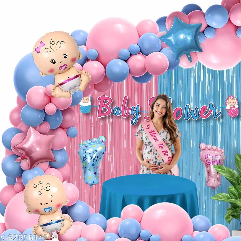 20669 Baby Shower Decoration Combo Pack – 51 Pcs | Boy & Girl Theme Party Kit with Balloons, Foil Banners, Star Balloons, Sash, Curtains & Arch | Baby Shower Decoration Set