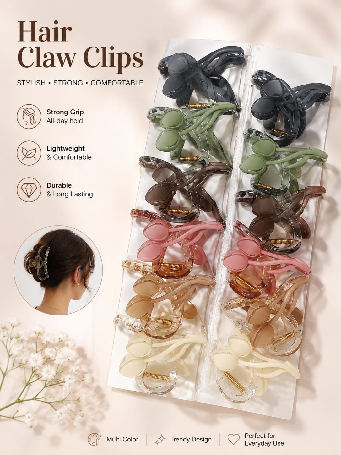 20962 {pack of 12} Floral Hair Claw Clip for Women, Transparent Acrylic Clutcher with Strong Grip, Matte Tulip Design