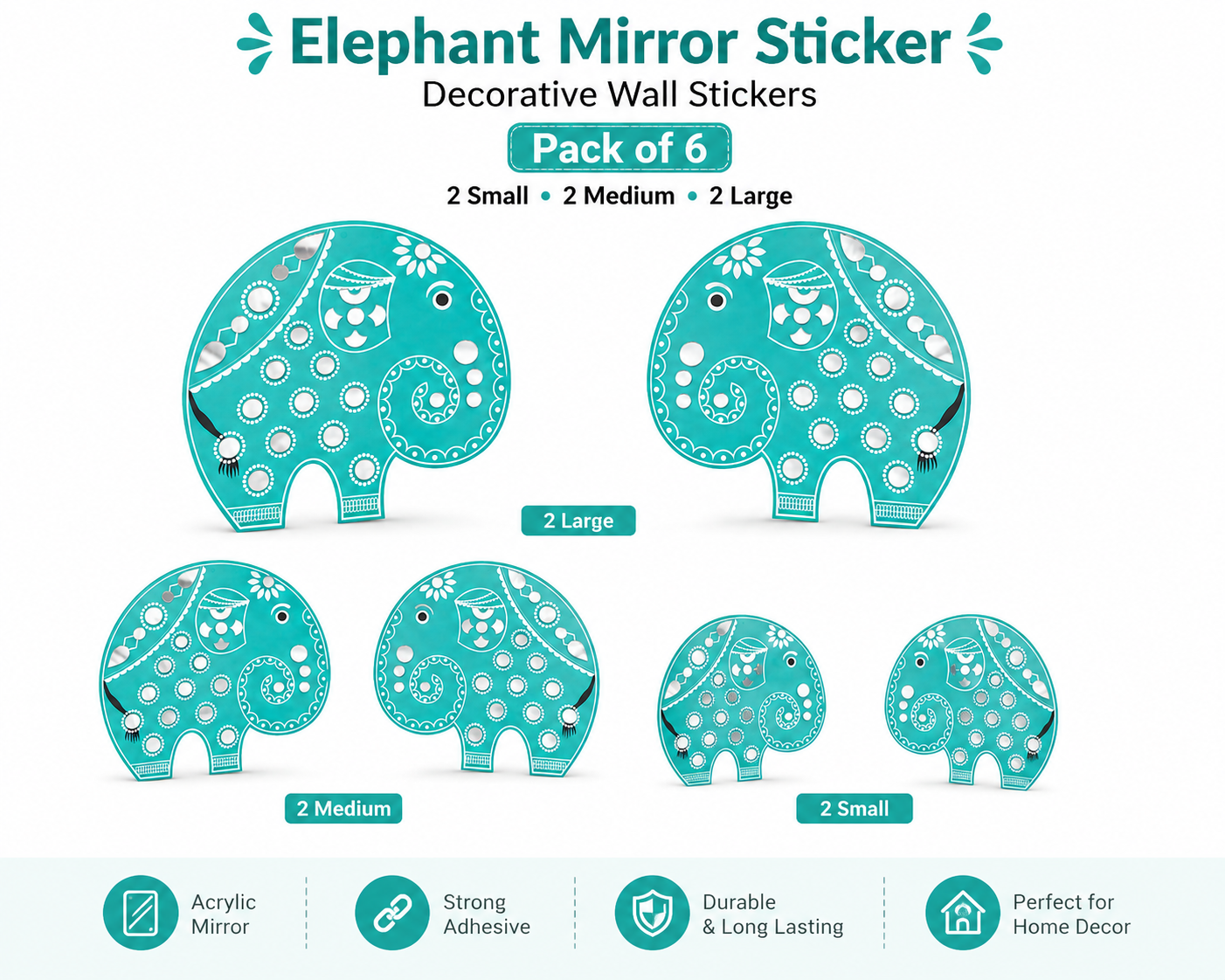 KLD 3107 Pack of 6 Elephant Acrylic Mirror Wall Stickers (2 Large + 2 Medium + 2 Small) | Decorative DIY Home & Living Room Wall Decor | Self-Adhesive Mirror Decals random colours