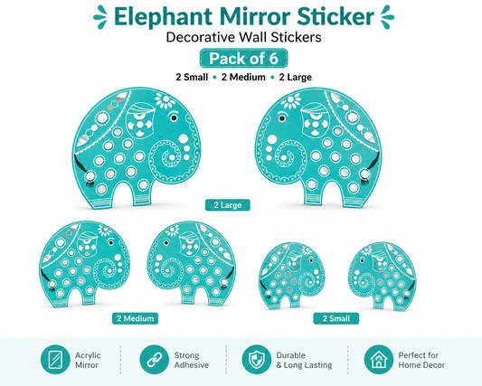 KLD 3107 Pack of 6 Elephant Acrylic Mirror Wall Stickers (2 Large + 2 Medium + 2 Small) | Decorative DIY Home & Living Room Wall Decor | Self-Adhesive Mirror Decals random colours