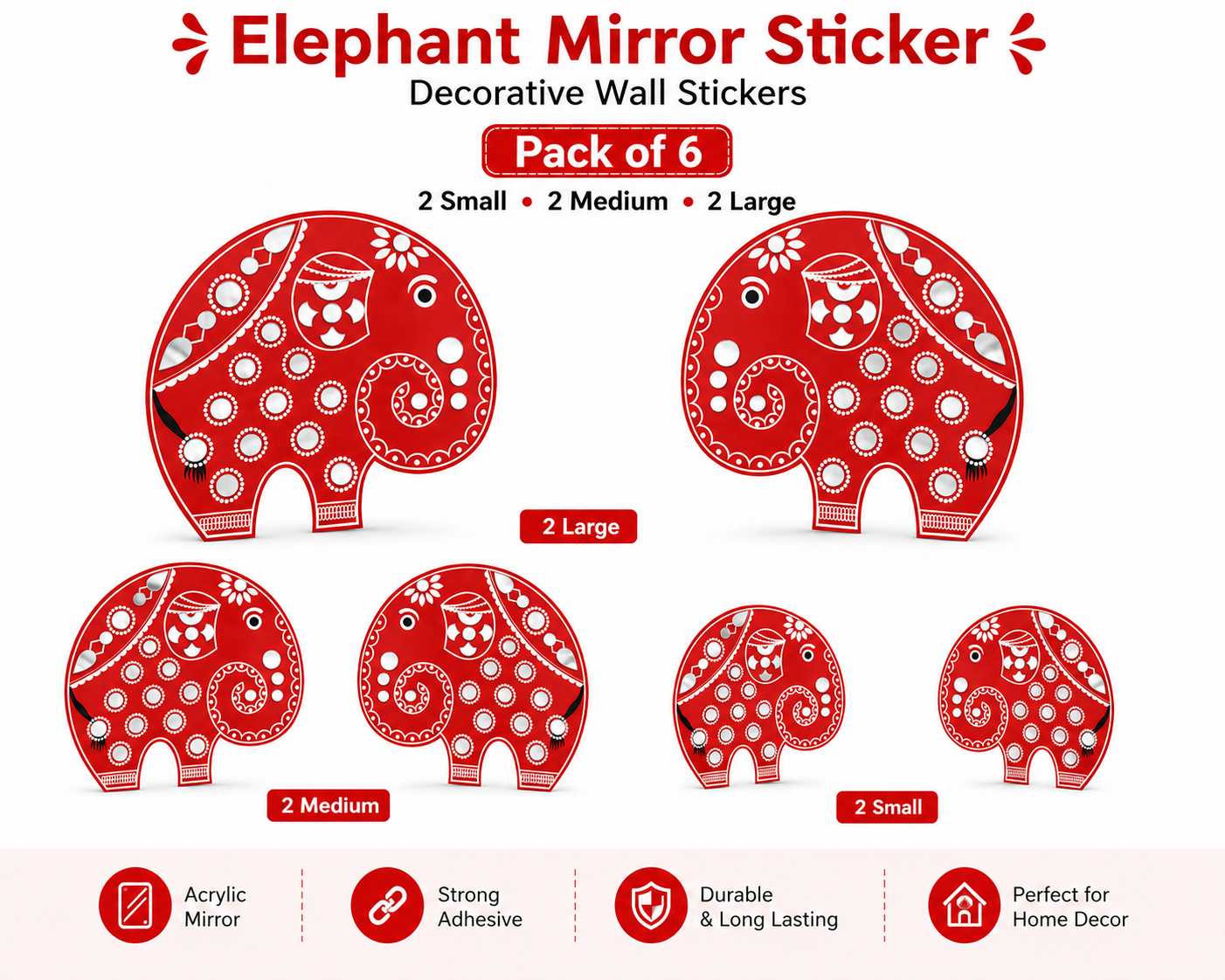 KLD 3107 Pack of 6 Elephant Acrylic Mirror Wall Stickers (2 Large + 2 Medium + 2 Small) | Decorative DIY Home & Living Room Wall Decor | Self-Adhesive Mirror Decals random colours
