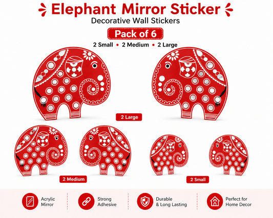 KLD 3107 Pack of 6 Elephant Acrylic Mirror Wall Stickers (2 Large + 2 Medium + 2 Small) | Decorative DIY Home & Living Room Wall Decor | Self-Adhesive Mirror Decals random colours