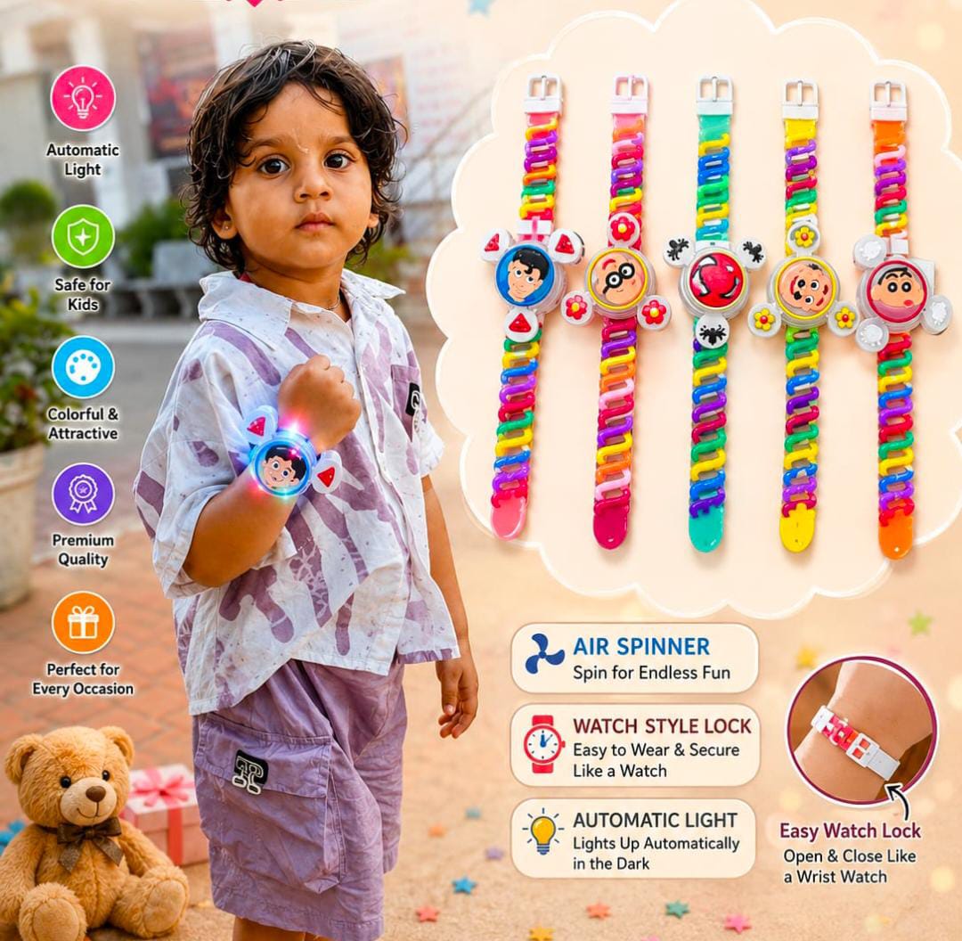 21041 (SET OF 12) Colorful Cartoon Air Spinner Watch Toy with Automatic Light & Easy Wrist Lock