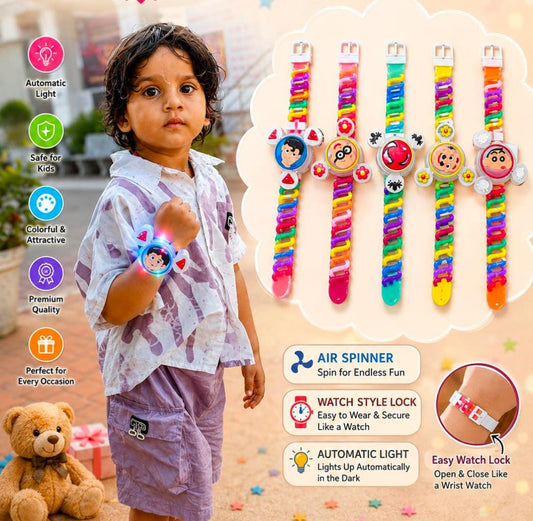 21041 (SET OF 12) Colorful Cartoon Air Spinner Watch Toy with Automatic Light & Easy Wrist Lock