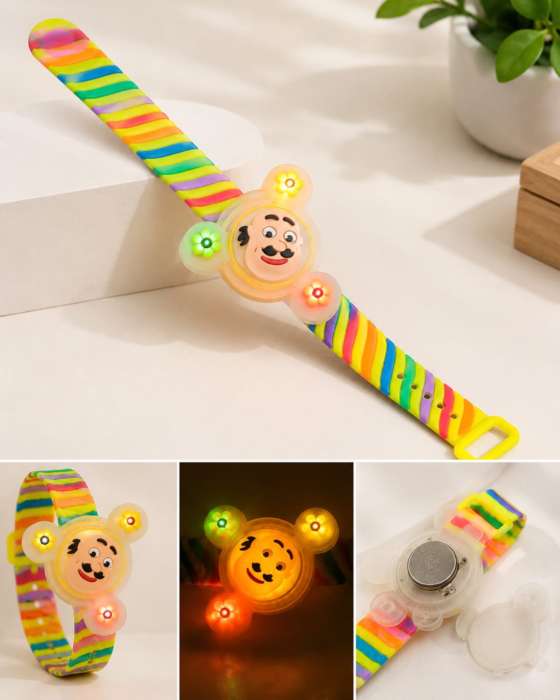21041 (SET OF 12) Colorful Cartoon Air Spinner Watch Toy with Automatic Light & Easy Wrist Lock