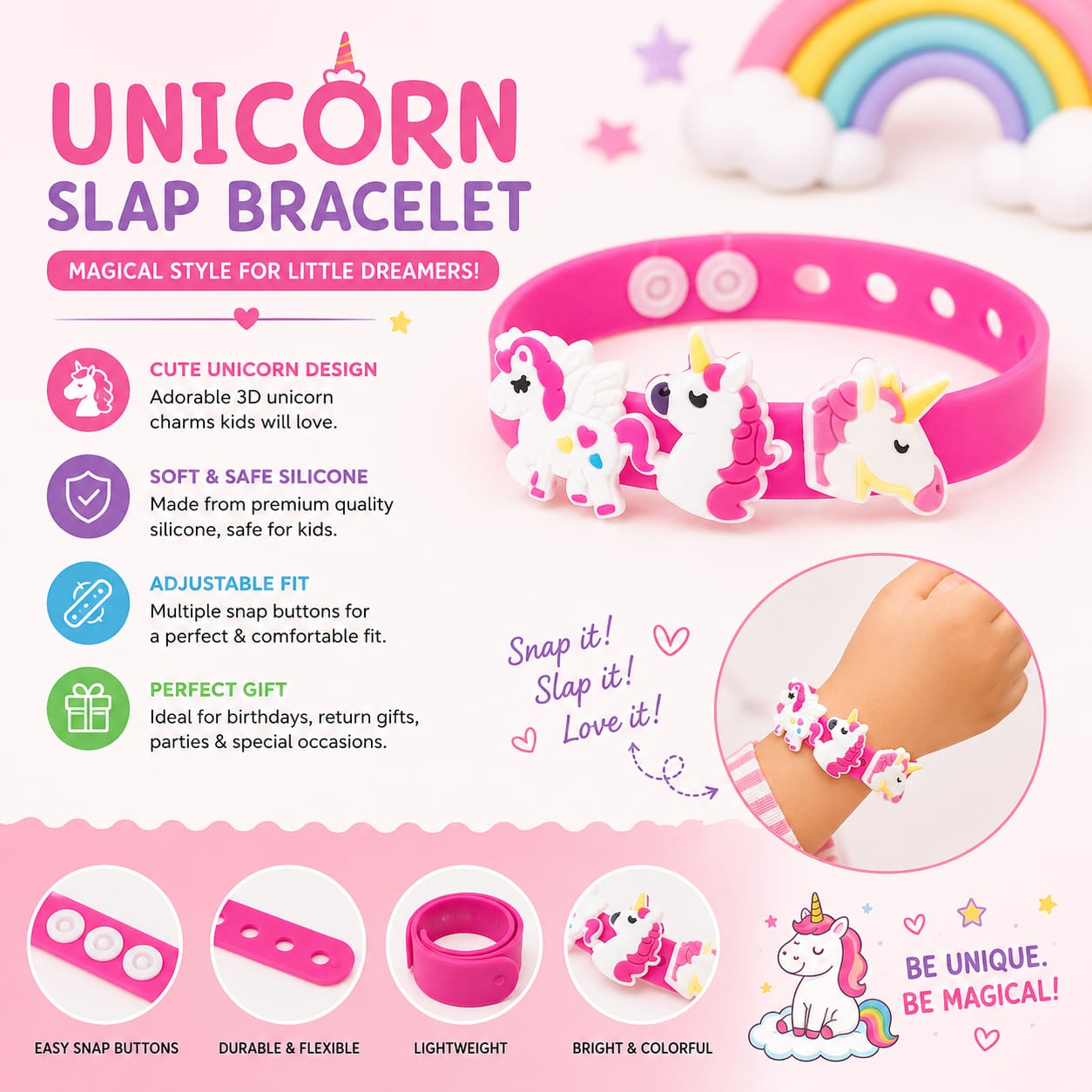20820 Unicorn Silicone Bracelet for Girls | Adjustable Cartoon Wristband | Soft Rubber Bracelet