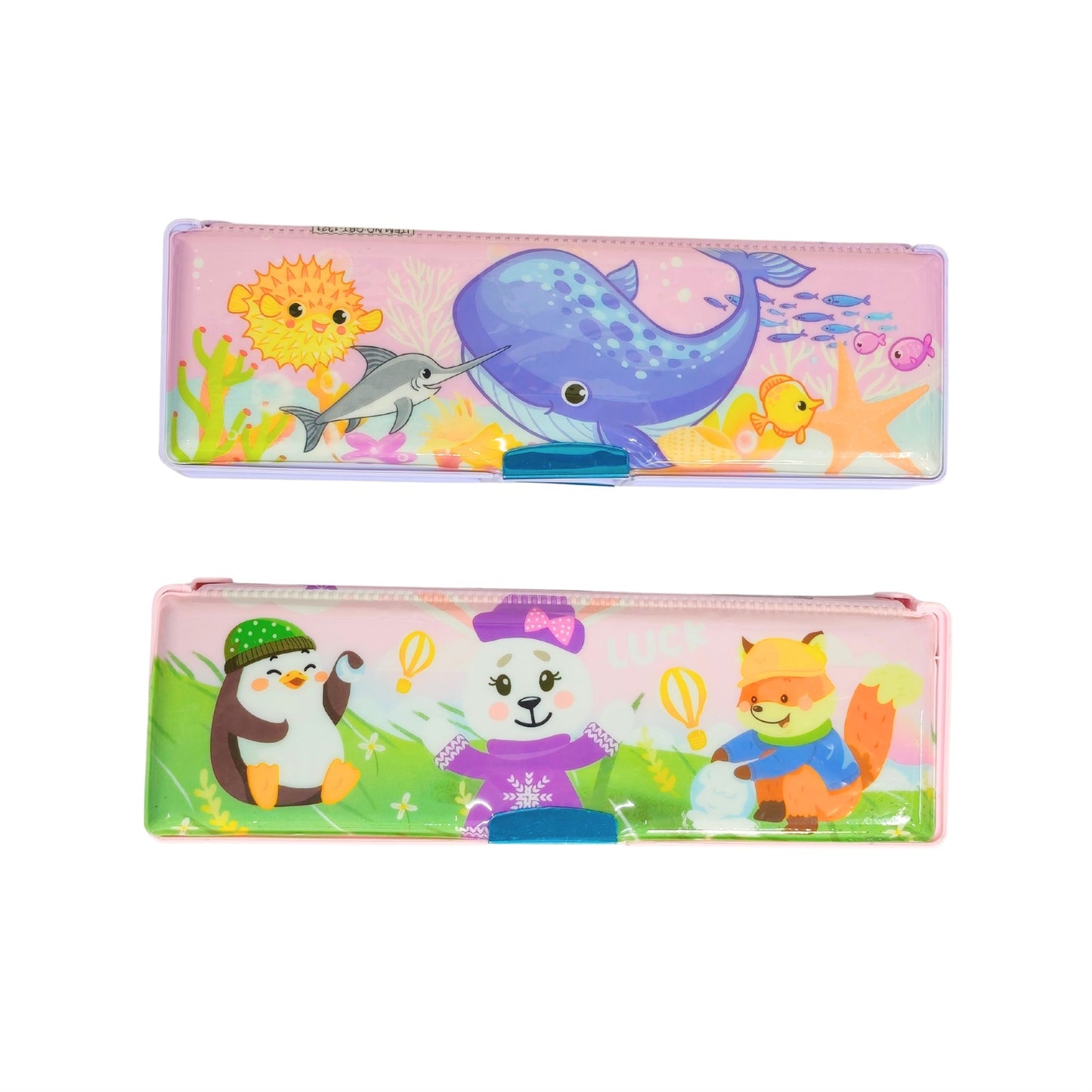 GBT-1321 Multipurpose Compass Box & Pencil Case | Double Deck, Cartoon Design | Storage Organizer for Kids {Random Design}