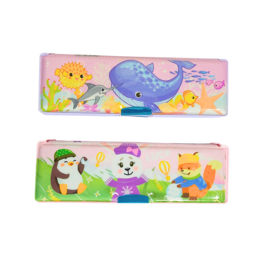 GBT-1321 Multipurpose Compass Box & Pencil Case | Double Deck, Cartoon Design | Storage Organizer for Kids {Random Design}