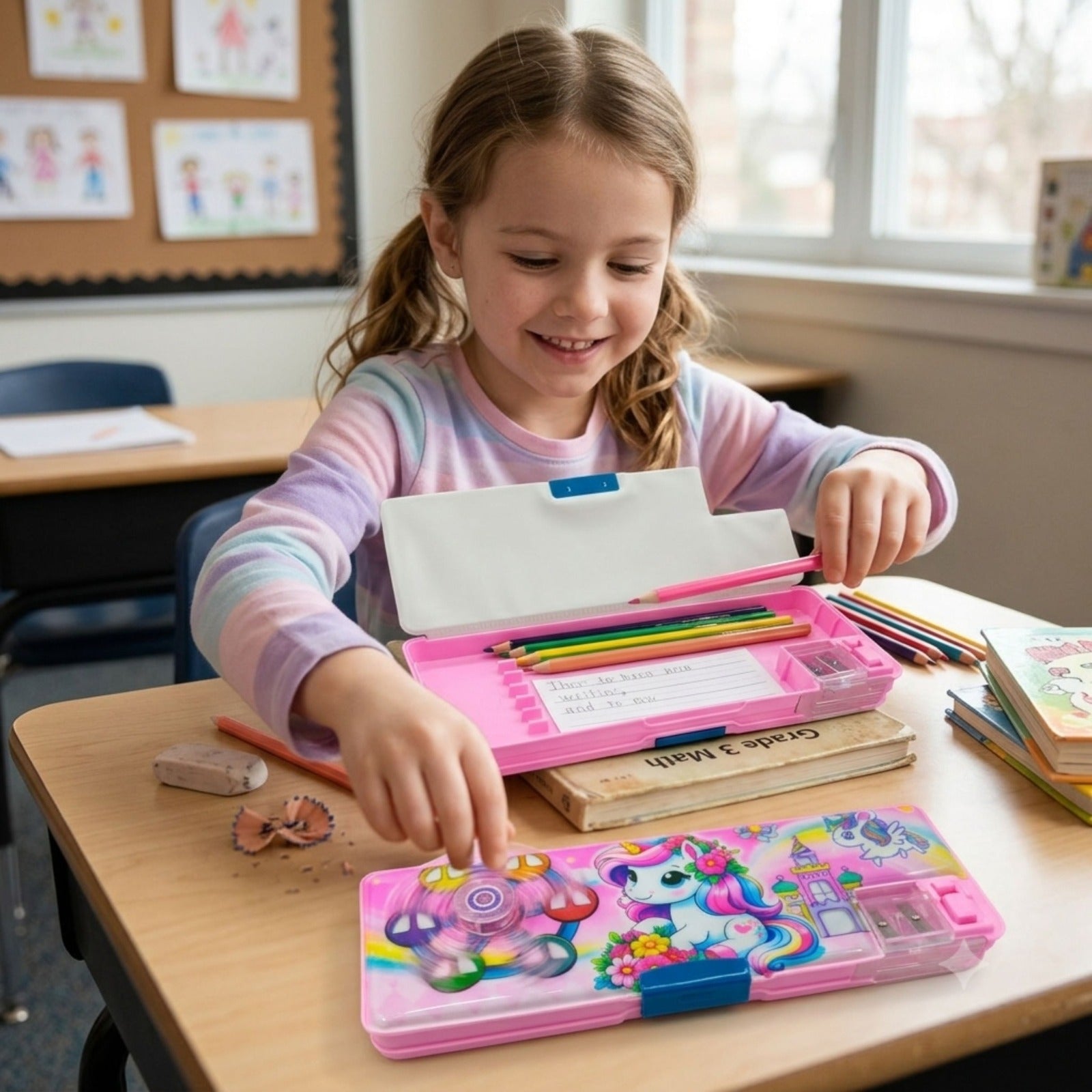 1881789 Plastic Multifunctional Lock with Spinner Pencil Box for Kids {Random Design}