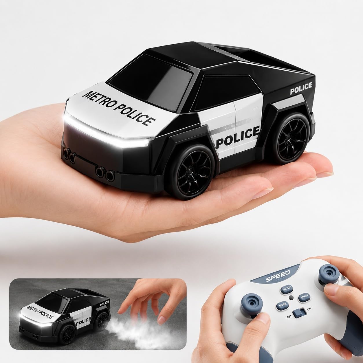 20873 Mini Police Drift Car for Kids with Spray Mist Effect, LED Lights, Music & 360° Drift Stunt Car Toy Rechargeable Mini Police Vehicle for Boys Girls