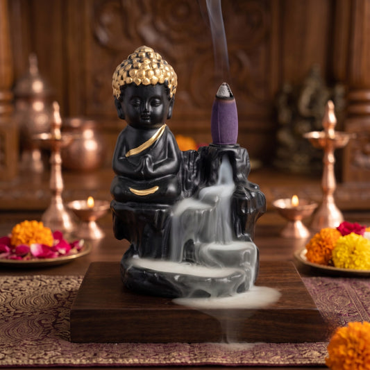 21097 Black Golden Meditating Monk Buddha Statue Smoke Backflow Incense Holder with Incense Cones Showpiece for Home Decor Living Room Office Gift