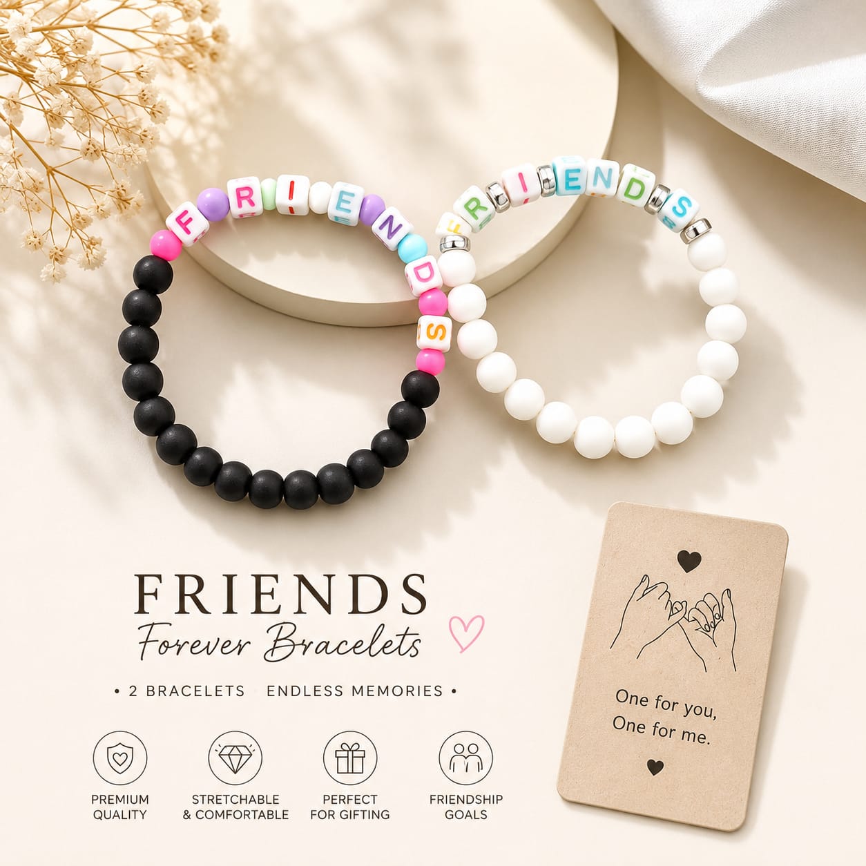 20813 (1 Pair)"Handmade Friends Beaded Bracelet Set | Matching Friendship Bracelets | Adjustable Stretch Bracelet | Gift for Best Friends