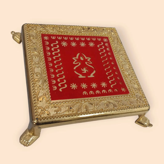 11347 Decorative Swastik, Om, Kalash Chowki, Gold-Plated Plastic Stand with Red Enamel Design 15 Cm
