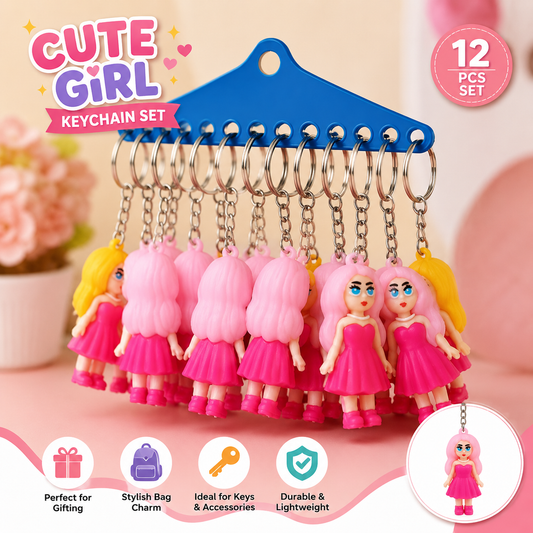 20884 {12 Pcs} Cute Cartoon Girl Keychain Set | Mini Doll Keyrings for Kids | School Bag Charm | Return Gift