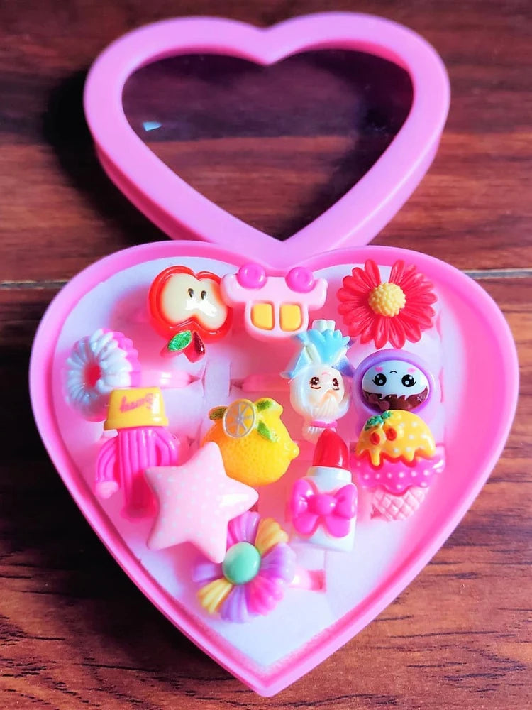 11214 Cartoon Rings for Girls – 10 Pcs Adjustable Ring Set with Heart Shaped Box, Fancy Finger Rings for Kids