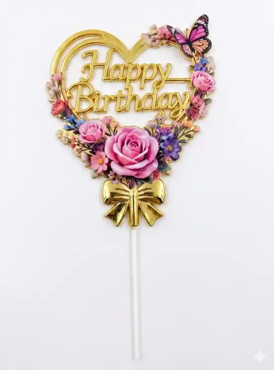 21162 [pack of 10]Golden Heart Floral Happy Birthday Cake Topper
