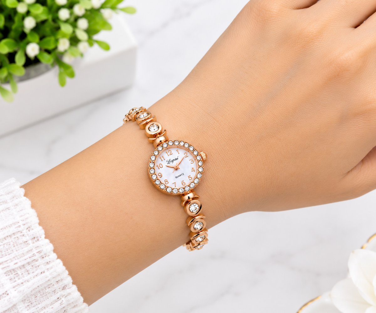 21242 Random Design Rose Gold Plated Bracelet Watch for Women with Crystal Accented Link Strap