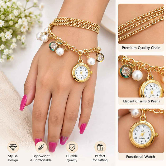 21243  Stylish  pearl bracelet style watch with for Girls
