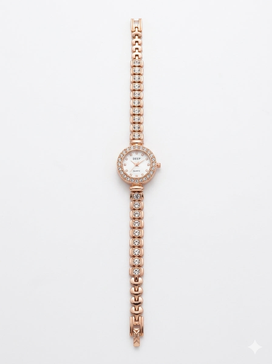 21242 Random Design Rose Gold Plated Bracelet Watch for Women with Crystal Accented Link Strap