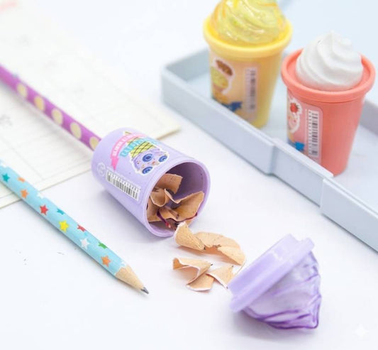 21174 The image displays three ice-cream-shaped pencil sharpeners alongside colorful pencils on a clean