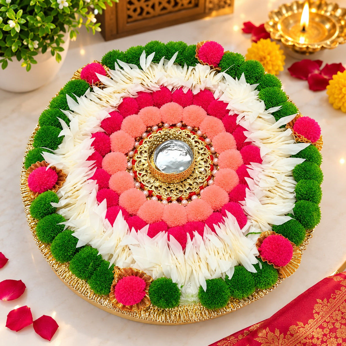 21369 Giant Rangoli Mat, , Handworked Bunti, Vibrant Colours, MDF, Re-usable and Portable, Alternatively Used as Puja Thaali