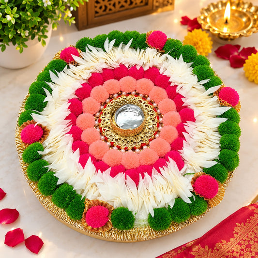 21369 Giant Rangoli Mat, , Handworked Bunti, Vibrant Colours, MDF, Re-usable and Portable, Alternatively Used as Puja Thaali