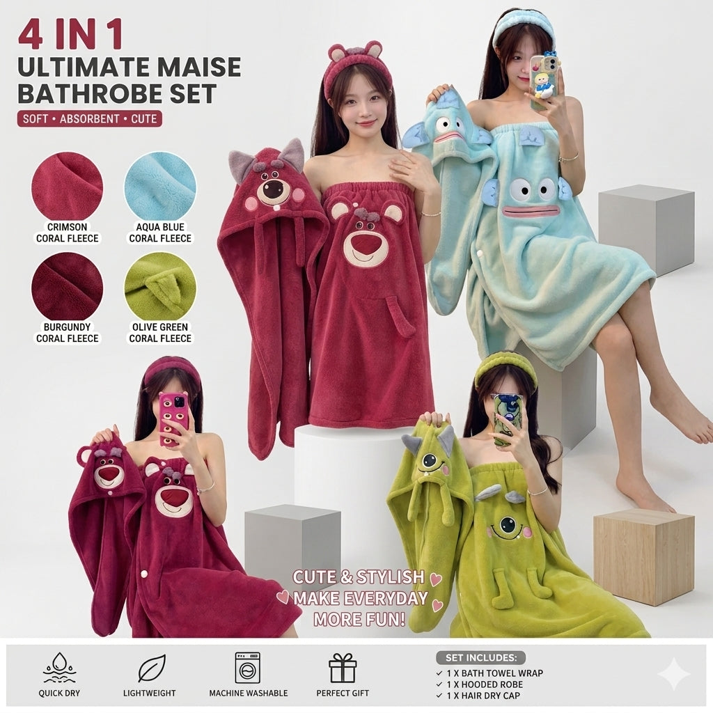21199 [PACK OF 4]  Fleece Bathrobe & Towel Wrap Set 4