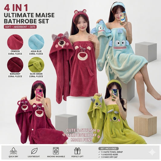 21199 [PACK OF 4]  Fleece Bathrobe & Towel Wrap Set 4