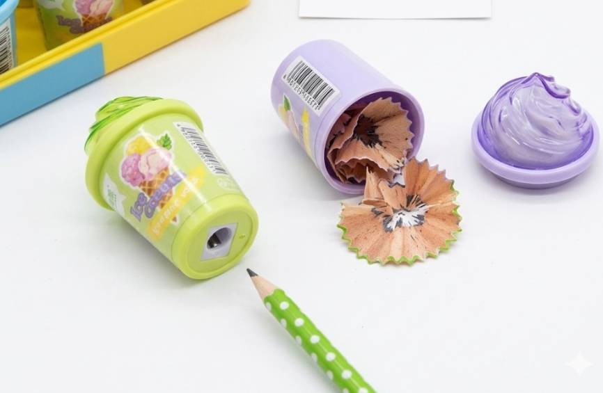20733 The image displays three ice-cream-shaped pencil sharpeners alongside colorful pencils on a clean