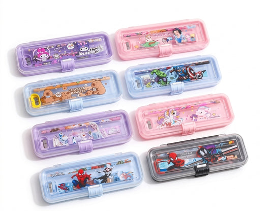 OK-2012 Multipurpose Cartoon Printed Pencil Box with Integrated Compass & Stationery Set