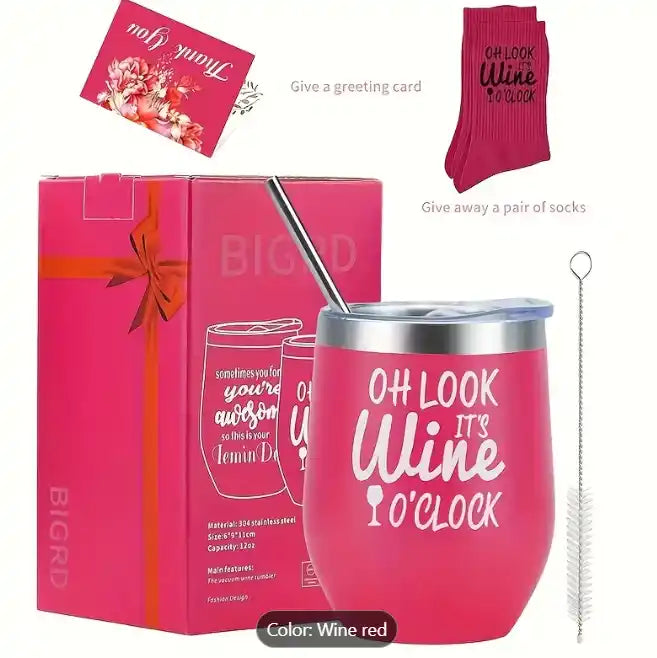 21139 Steel Vacuum Insulated Red Wine Glass with Push Pull Water Cover, Stainless Steel Straw, Straw Brush,
