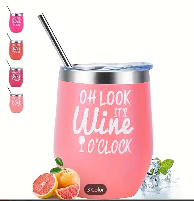 21139 Steel Vacuum Insulated Red Wine Glass with Push Pull Water Cover, Stainless Steel Straw, Straw Brush,