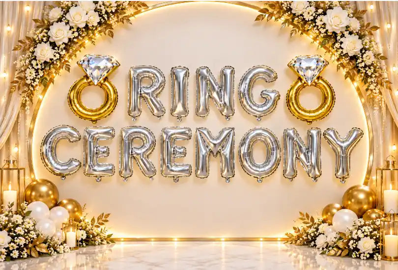 21262 Ring Ceremony backdrop features a stunning arrangement of foil balloons, floral accents, and warm