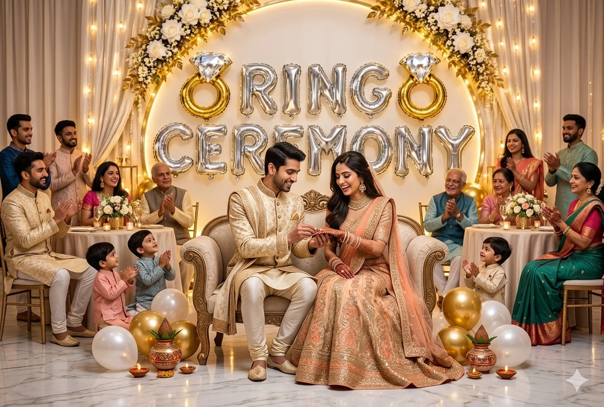 21262 Ring Ceremony backdrop features a stunning arrangement of foil balloons, floral accents, and warm