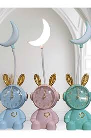 HD-3419 Cute Bunny Desk Clock with LED Moon Lamp, Pink and Gold Accents