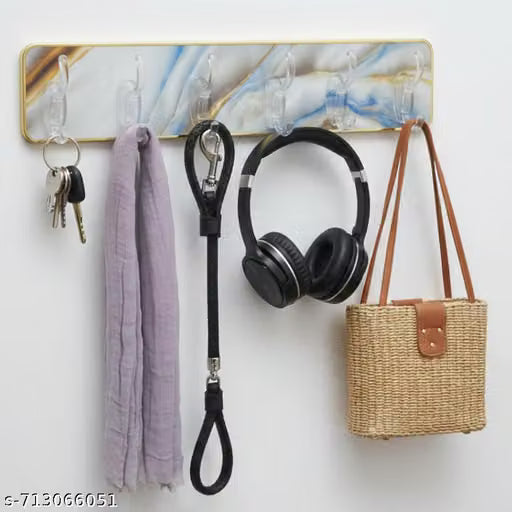 21349 Wall Hanger Hooks for Hanging Clothes  Self Adhesive Strong Hanger Hooks | Printed 6 Hooks Wall Hanger for Kitchen Bathroom Bedroom Door Office