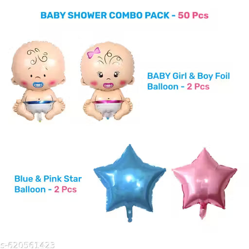 20669 Baby Shower Decoration Combo Pack – 51 Pcs | Boy & Girl Theme Party Kit with Balloons, Foil Banners, Star Balloons, Sash, Curtains & Arch | Baby Shower Decoration Set