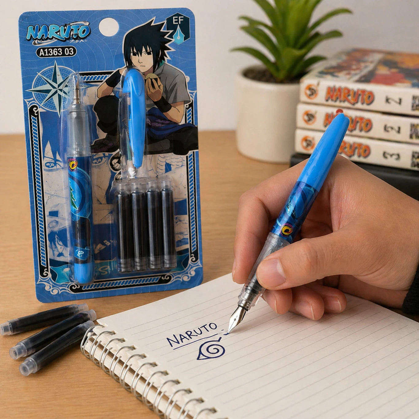 20725 Anime Character Fountain Pen with Ink Cartridges Smooth Writing Stationery Gel Pen (Ink Color - Blue)