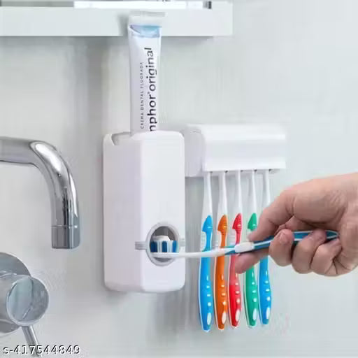 10796 Hands Free Wall Mounted Plastic Dust Proof Automatic Toothpaste Dispenser & Detachable Hole 5 Toothbrush Holder