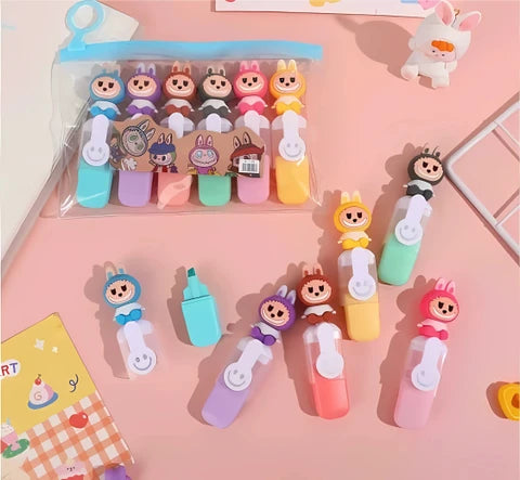 20622 Cute Character highlighter Pens Set of1 , 6 pcs| Cartoon Animal Pastel Marker Pens for Kids, Students, School & Office {Random Design}