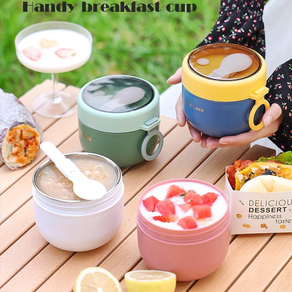 20773 Stainless Steel Insulated Bowl Lunch Box 600ml | Hot & Cold Meal Holder with Handle & Spoon | Leak Resistant Food Container for Office, School, Travel {Random Color}