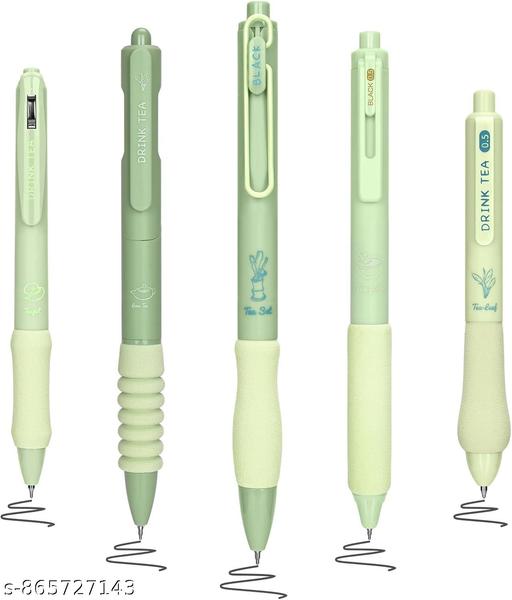 CK-PE-12 {5Pcs} Soft Grip Gel Pen Set 0.5mm Fine Tip Smooth Writing Pens Cute Aesthetic Pink Or Green Gel Pens for School College Office Journaling Gift for Kids