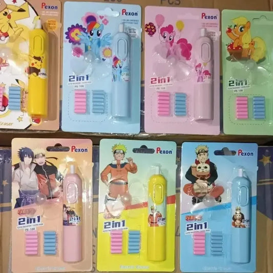 PX-108 Cute Cartoon Print Electric Pencil Erasers with Fan and 12 Refills Set for Kids