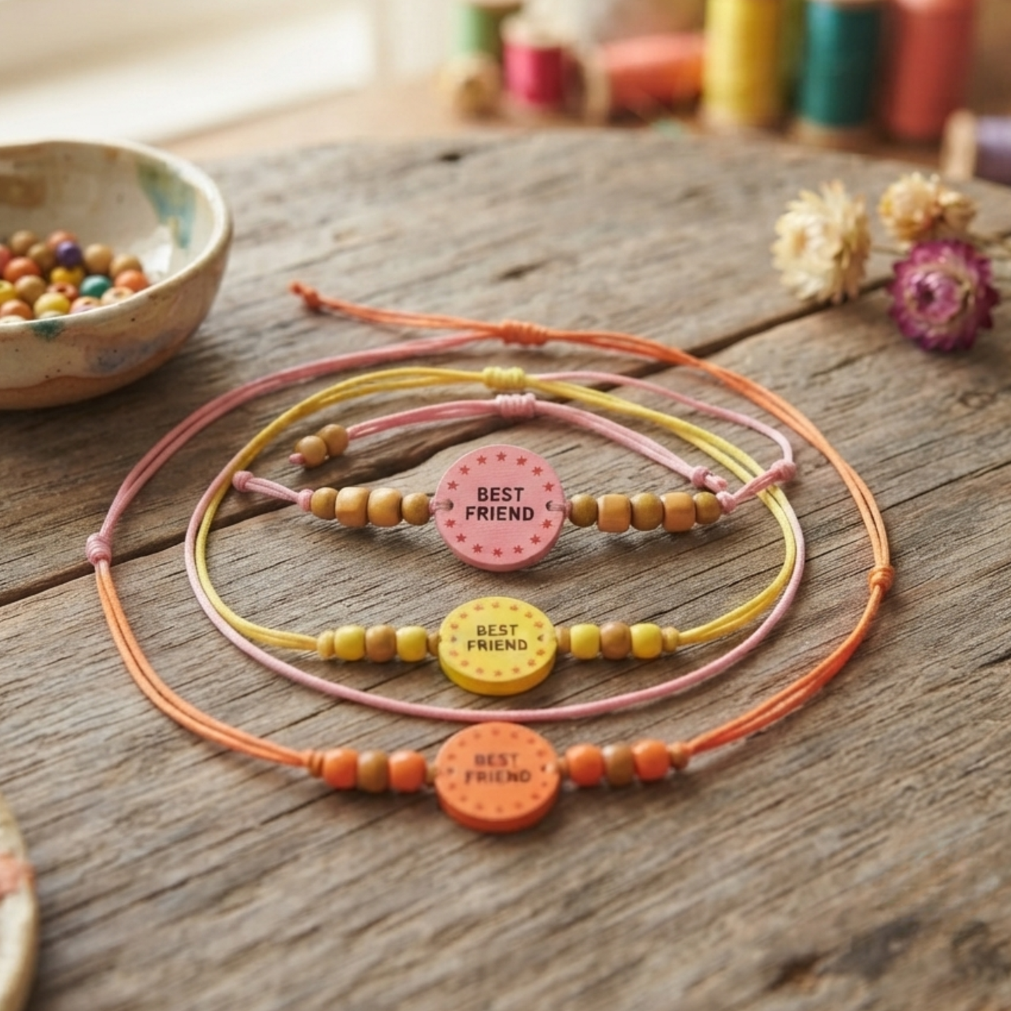 20842 {Pack of 12} Multi Color Printed Wood Friendship Belt/Friendship Band/Bracelet -Friendship Day