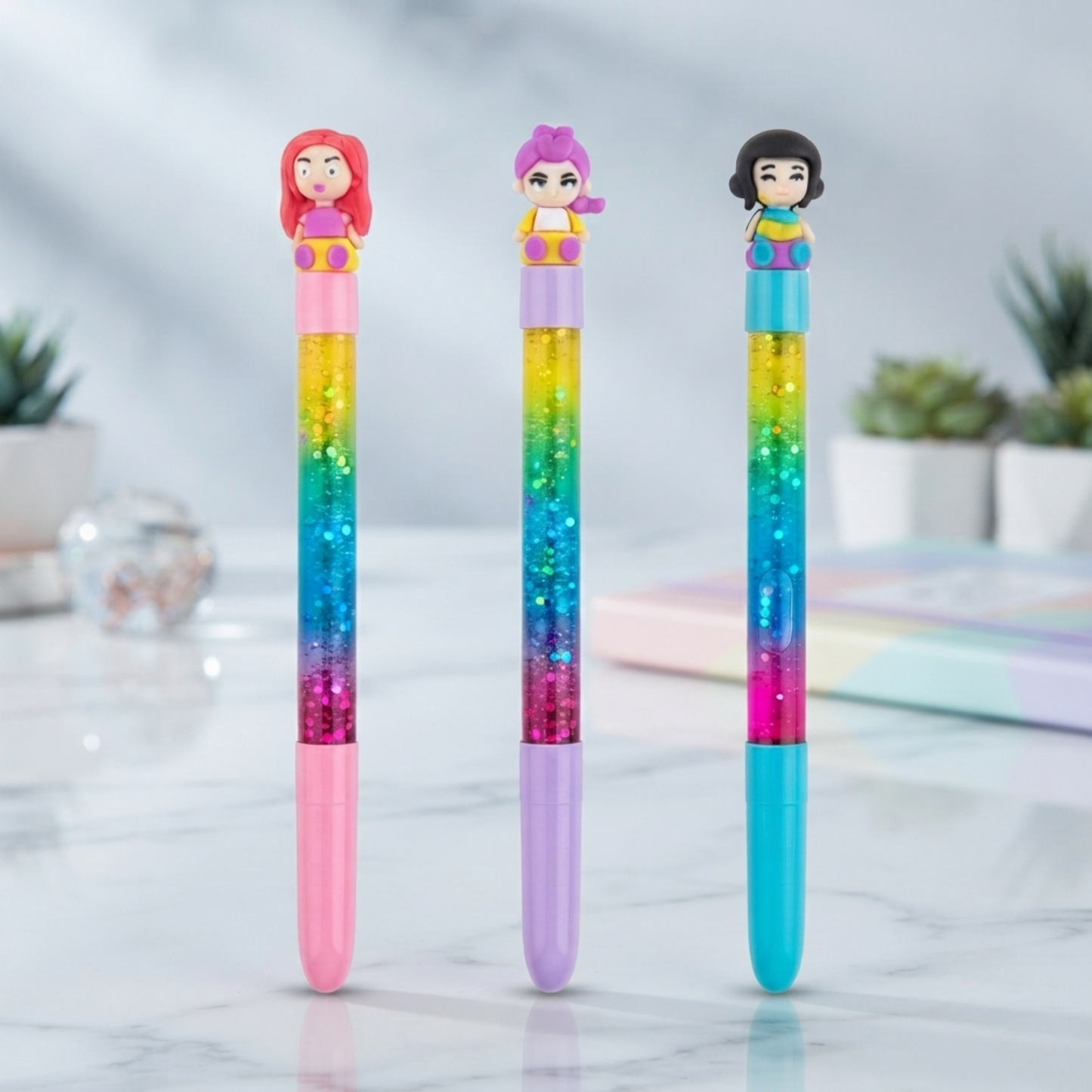 20861 {12 Pcs} Cute Glitter Gel Pens with Doll Topper | Rainbow Colours Glitter Pens for Kids | Smooth Writing