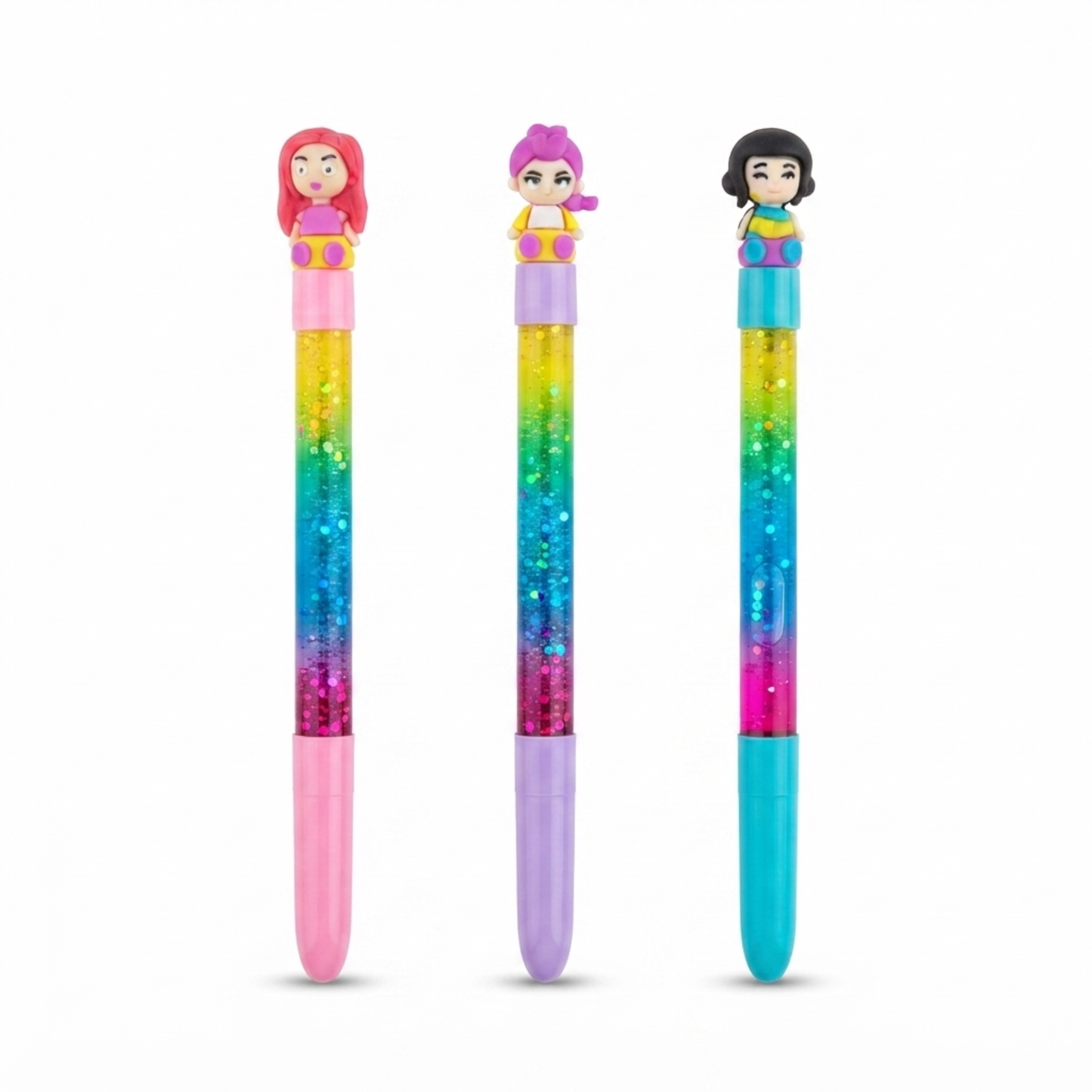 20861 {12 Pcs} Cute Glitter Gel Pens with Doll Topper | Rainbow Colours Glitter Pens for Kids | Smooth Writing