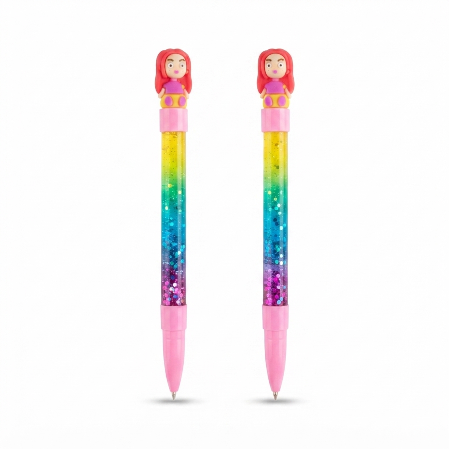 20861 {12 Pcs} Cute Glitter Gel Pens with Doll Topper | Rainbow Colours Glitter Pens for Kids | Smooth Writing