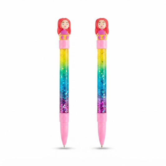 20861 {12 Pcs} Cute Glitter Gel Pens with Doll Topper | Rainbow Colours Glitter Pens for Kids | Smooth Writing